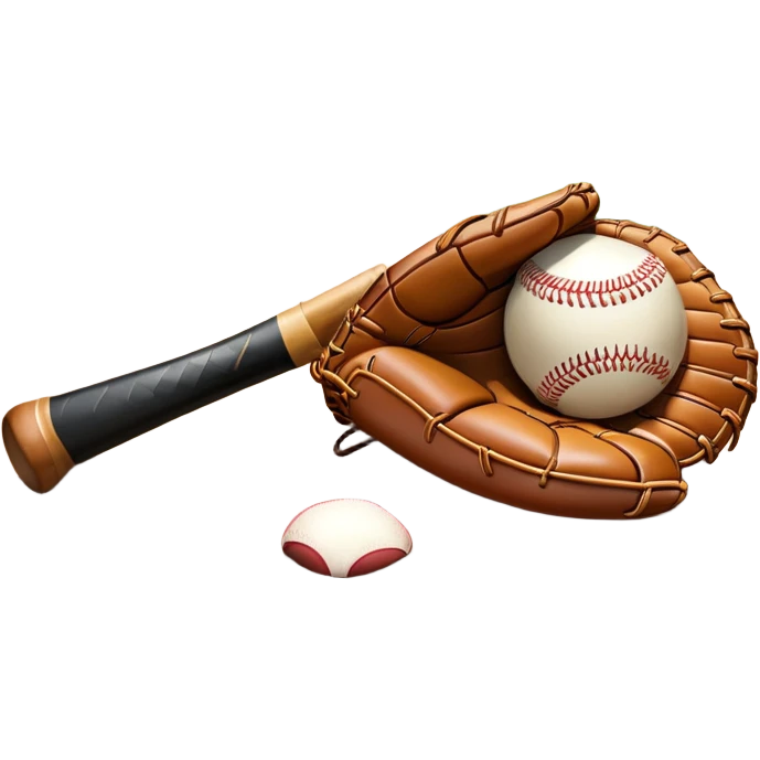 A baseball bat, ball, and glove resting on the ground, set against the backdrop of a baseball field. The scene captures the iconic equipment of the sport, with the field in the distance and a bright sky above, evoking the spirit of the game. emoji