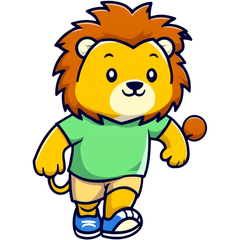 retro 1930s anthropomorphised lion in a t-shirt and shorts walking, black and white emoji