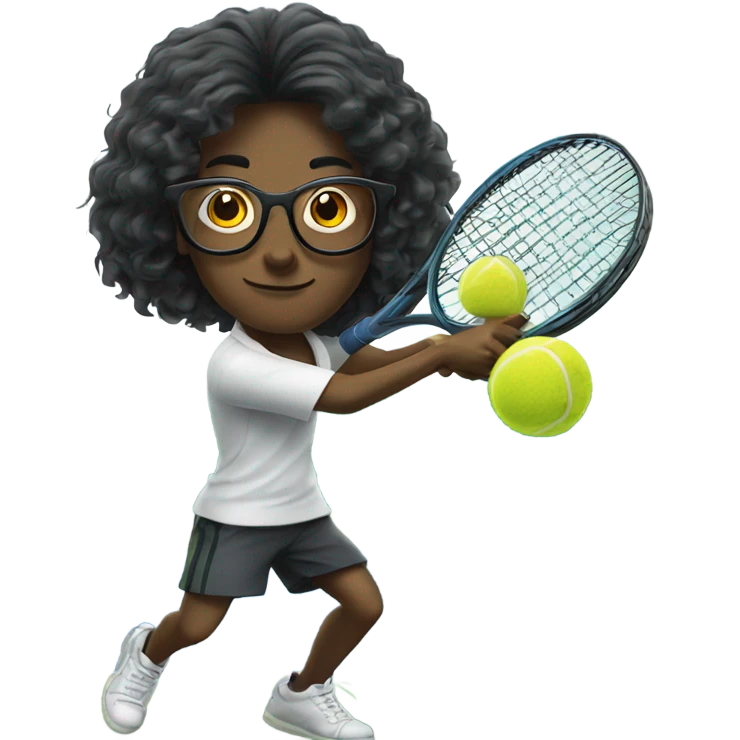 Long dark hair hitting tennis ball has glasses  emoji