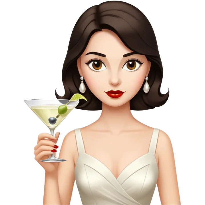 Beautiful woman in 1950’s woman fashion look, white dress, long dark brown hair, martini  emoji