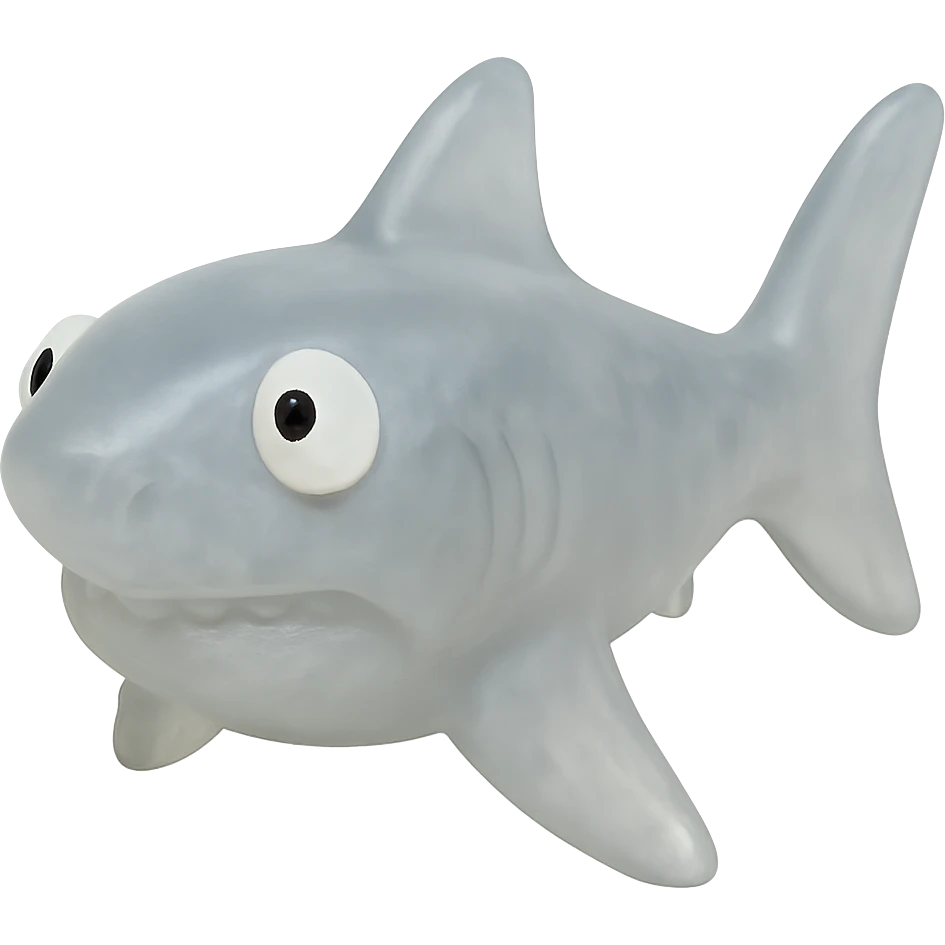 Make the shark even more transparent and slightly see-through, keeping the natural gray color, in a retro 90's toy style with derpy eyes, soft plastic texture, soft reflections, soft and squishy appearance, some cloudiness, not shiny, highly detailed and appealing. Remove any tags and background. emoji