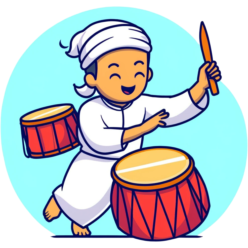 person beating a drum and chanting 'tung tung tung sahur' in a festive Ramadan night setting emoji