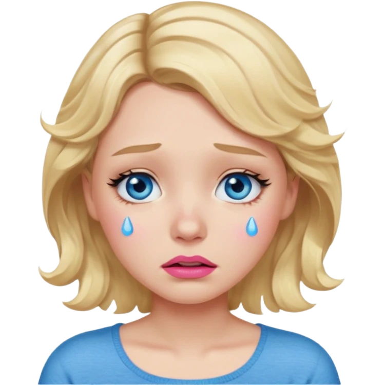 Girl Blonde short wavy hair,  blue eyes, cute blue top, long lashes, pink lips,crying with tears running down the face  emoji