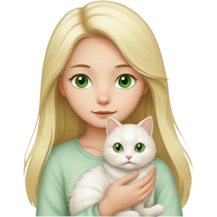 A cartoon-style digital illustration of a fair-skinned young woman with long blonde hair and brown eyes gently holding a fluffy white cat with green eyes against a white background. emoji