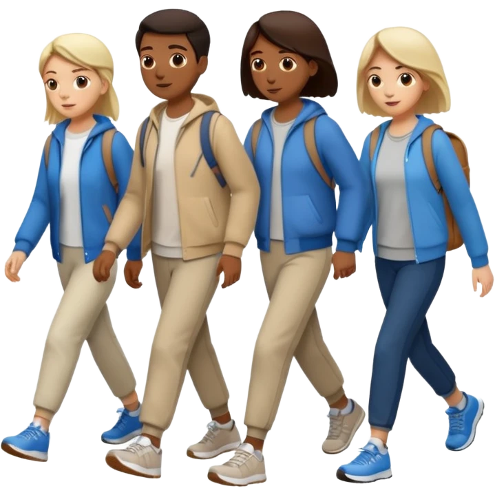 iOS emoji style - a men and 2 women in casual clothes and wearing trainers. Walking in the same direction quickly together. 
Not holding hands. No backpacks. 
 emoji