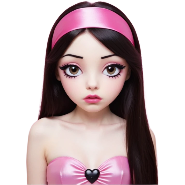 girl with white skin, dark brown long straight hair falling in front of her body, very big pouty extra shiny lips with absolutely no cupid's bow, shiny large eyes with black eyeballs and long eyelashes, lighter button nose, very long oval-shaped face, wearing a pink bandeau top with straight neckline, looking directly at camera with hands down at sides emoji