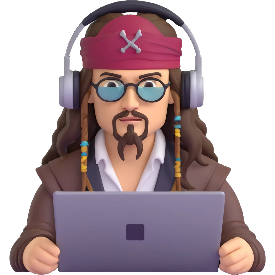 Captain Jack Sparrow as a serious coder wearing headphones emoji