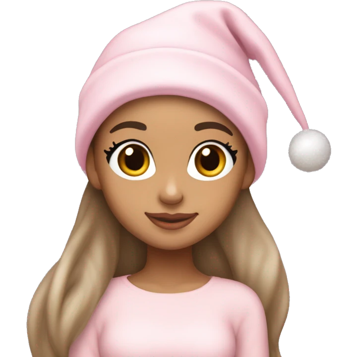 Ariana grande in a light pink christmas outfit wearing a light pink christmas hat emoji