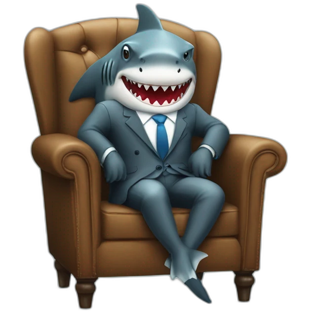 A shark sitting on a chair wearing a suit looking straight emoji
