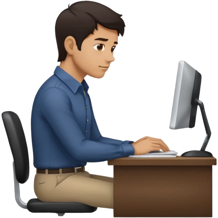 iOS emoji style - Side profile full body of a man sitting at a desk with very poor posture. He has dark hair and wearing a collared-shirt.   emoji