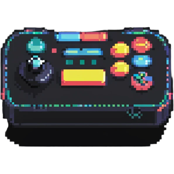A modern fighting game joystick with multiple buttons in colorful pixel art emoji