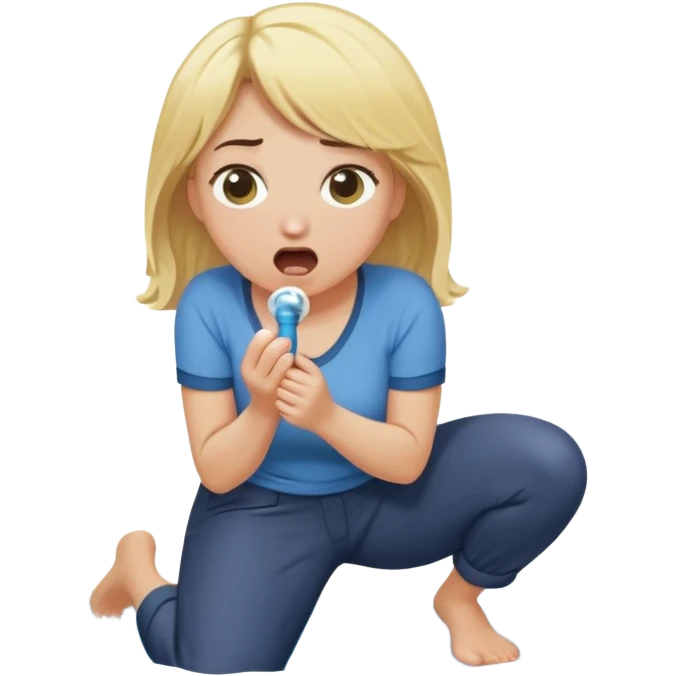 simple, round-faced blond woman kneeling, surprised expression, cartoonish wide stick with a D-shaped knob coming out of a pair of pants hanging in front of her face, water stream squirting from the flat side of the knob into her open mouth emoji
