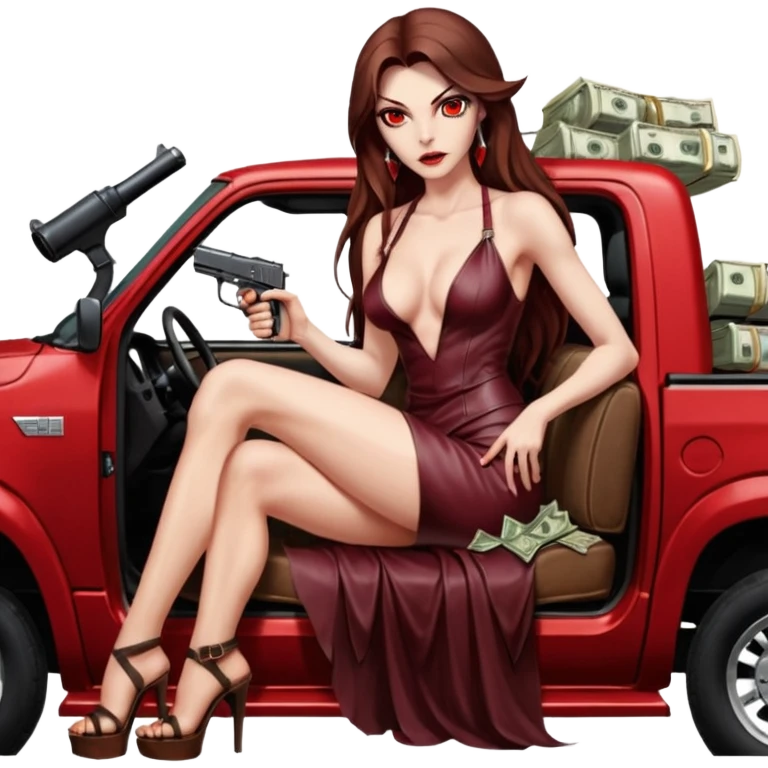 Lilith red eye seductress evil long brown haired sexy succubus woman with leather long dress with slit on, sitting in Big Large F350 pickup truck. Back seat full of stacks of cash, she is  Holding a human skull of her enemies and a gun in other hand emoji