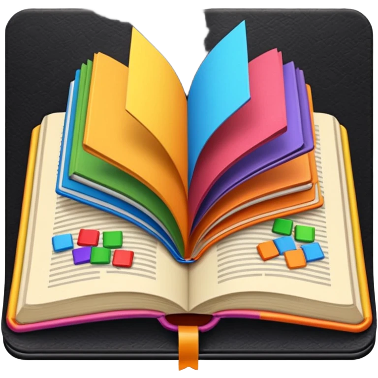 an open book with a dark cover and brightly colored tile samples emoji