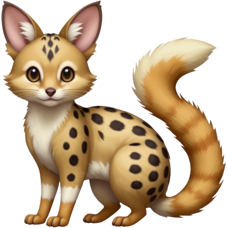 Hyper realistic  beautiful elegant pretty precious cute  Fakémon-Pokémon-opossum-feline-serval-caracal-chinchilla-Furret-Minccino-hybrid-creature with a big fluffy bushy tail (full body) emoji