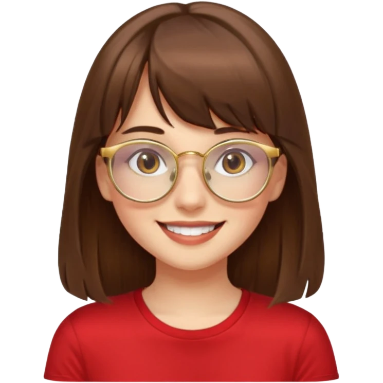 chica con piel blanca sonriendo, ojos marrones y pelo marrón muy largo con flequillo y lentes dorados con remera roja. emoji