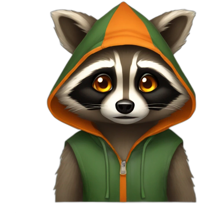 brown raccoon with orange eyes and a dark green hood that is sad emoji