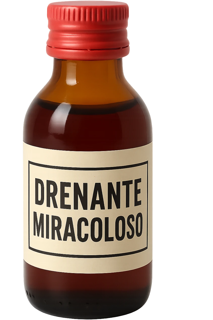 boccetta di drenante da bere, con la scritta "DRENANTE MIRACOLOSO" SULL'ETICHETTA emoji