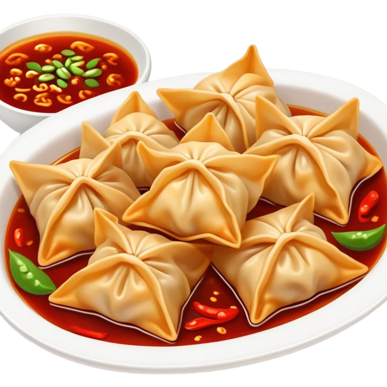 Sichuan spicy wontons in chili oil sauce, simplified emoji style with bold outlines and bright colors, cartoon style red Chinese dumplings Hongyan Chaoshou emoji