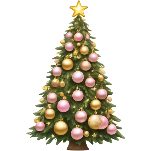 rich Christmas tree decorated with gold lights, snow, pink and beige baubles  emoji