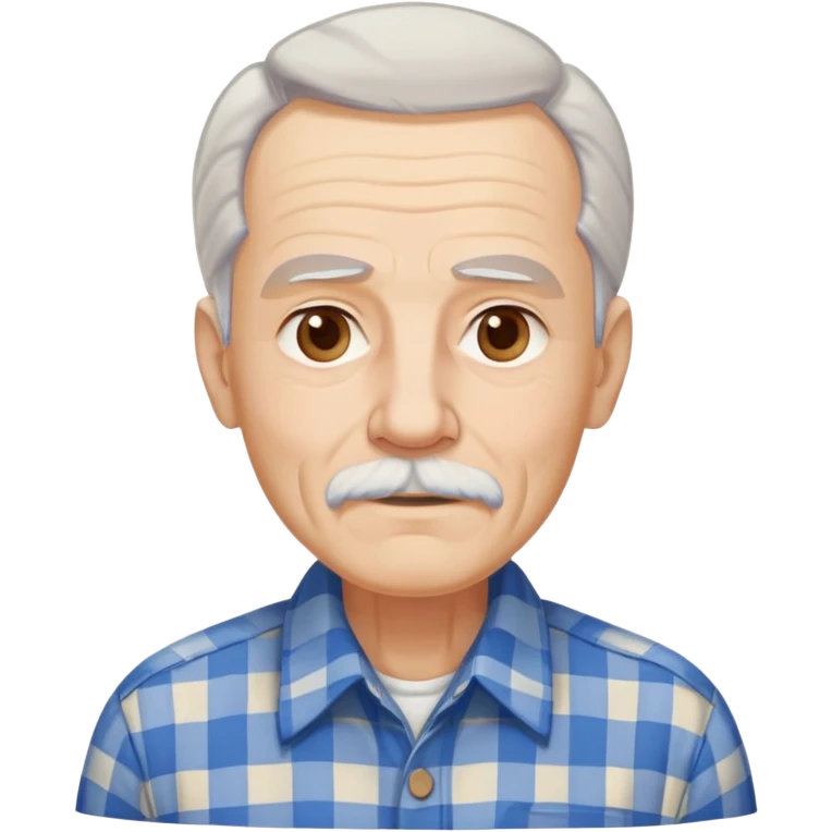 Elderly man with light skin. Elongated face with kind expression. Light brown eyes. Thin eyebrows. White goatee and white mustache. Gray-white hair combed back. Wearing a blue and beige checkered button-up shirt. emoji