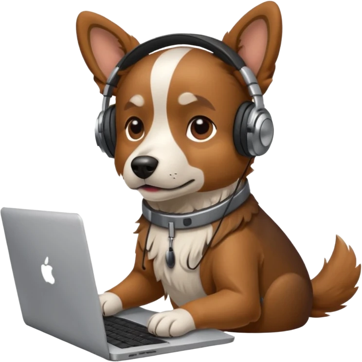 A dog with headphones on  a laptop emoji