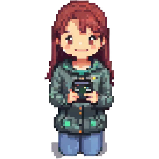 a girl holding a smartphone, smiling emoji