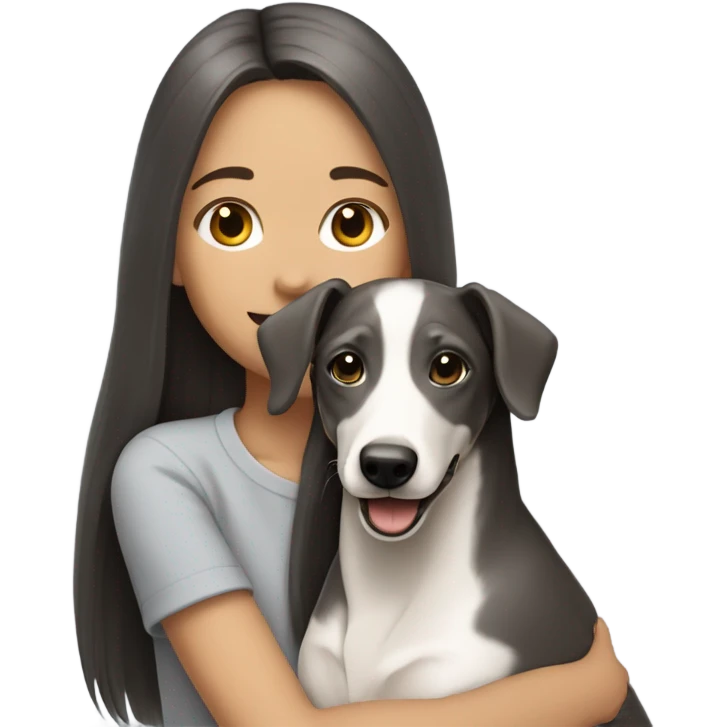 Girl long dark straight hair smiling with grey and white  a whippet puppy around her shoulders  emoji