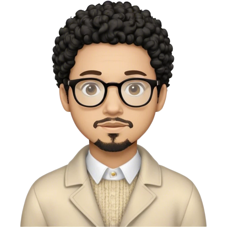 Light skin male with black curls, glasses, a goatee and a white button up colar with a beige knit sweater and beige off white coat emoji