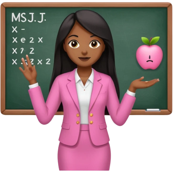 a brown skin teacher with hair with black straight long hair wearing pink not hot pink 2 piece set teaching up on a board the board says Ms. J emoji