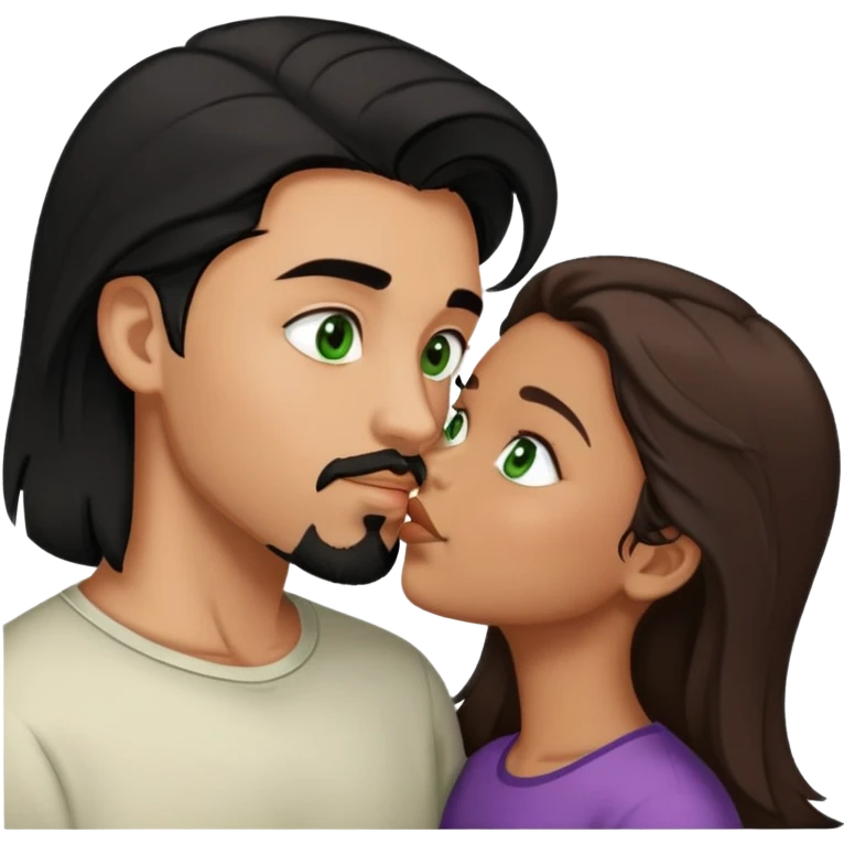 Boy with goatee￼ and black hair brown eyes kinda tan kissing girl brown hair green eyes a little tan emoji