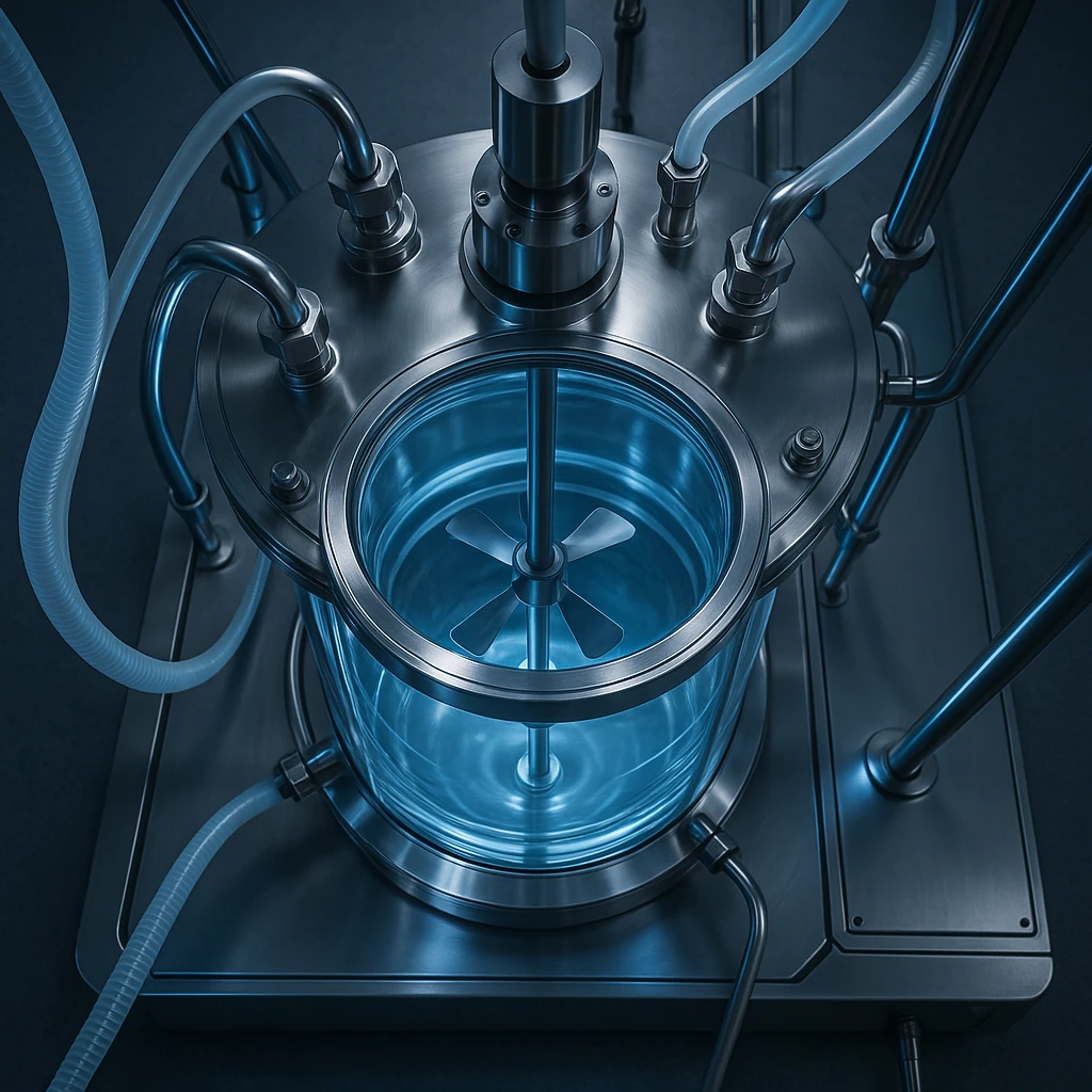 a large biofermentor, top-down view, with visible stirring mechanism and tubes, high-tech look emoji