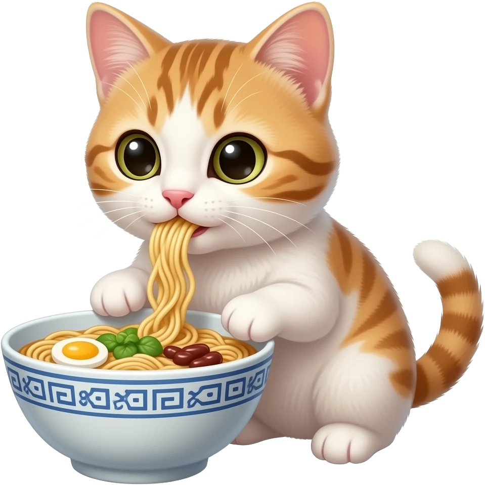 Japanese style baby cat eating ramen noodles emoji