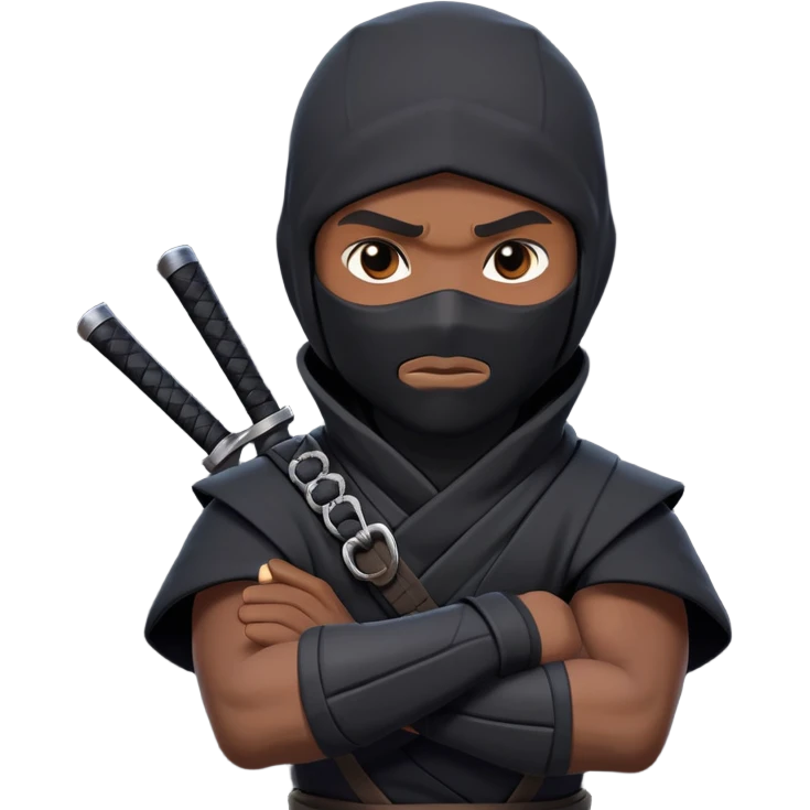 clash-of-clans-aesthetic_-cinematic-mysterious-male-ninja-portrait-emoji, rendered in a flat, vector-style with minimal shading and bold, simplified shapes, his arm is stretched out  with a head slightly turned revealing intense, focused eyes. the ninja has his arm out and perched on top of his forearm is  a black crow emoji