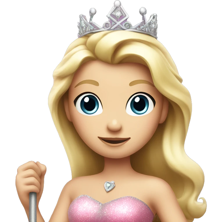 Blonde princess with tall silver crown in a pink sparkly dress holding a magic wand emoji