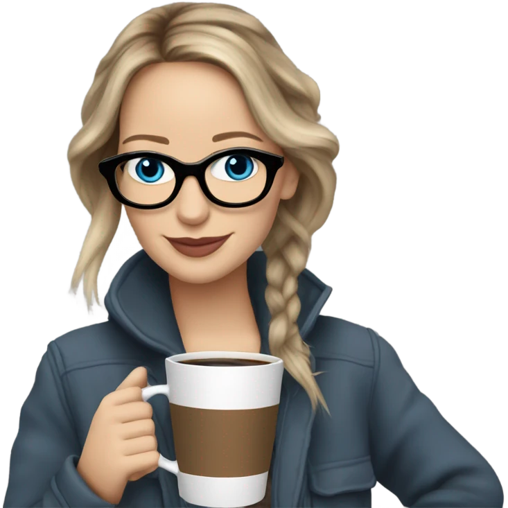 Photo of Brunette Jennifer Lawrence wearing black glasses and blue eyes drinking hot coffee  emoji