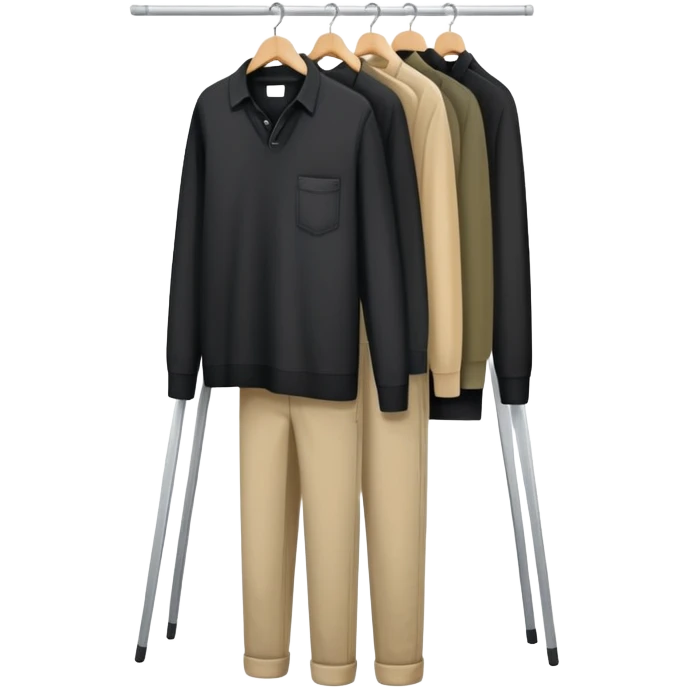 Open wardrobe filled with practical work clothes - black shirts, overalls, khaki pants, and sweaters emoji