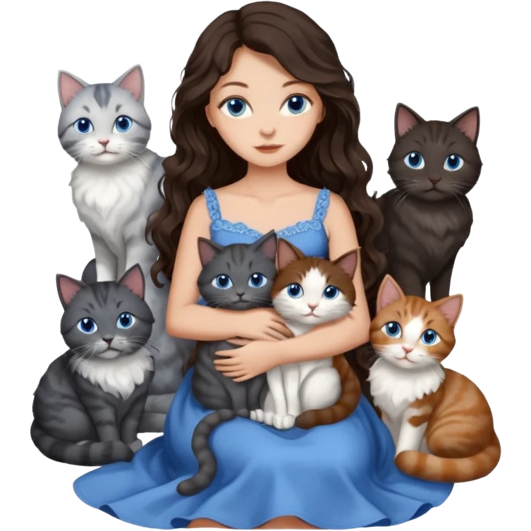 detailed realistic looking a dark grey and white cat regally sitting with six other cats, cuddling with their owner who is a pretty bratz lightly tanned white girl with long dark brown hair, blue eyes and gorgeous long wavy hair wearing a pretty detailed dress emoji