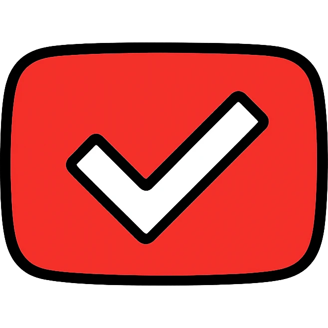YouTube verified checkmark icon, clean, recognizable, suitable for digital use, white checkmark inside a red play button shape, no text emoji