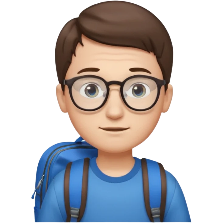 a boy with combover short brown hair and blue eyes, glasses, backpack emoji