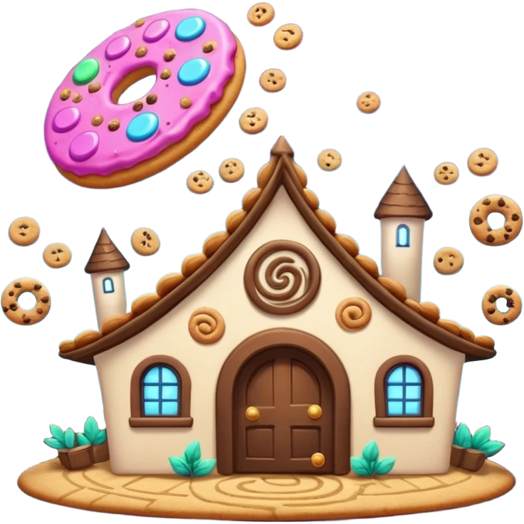 Exterior of a magical cookie factory with swirling portal above the roof, cookies flying in from different dimensions, glowing runes and enchanted pipes spiraling around the building, emoji-style emoji