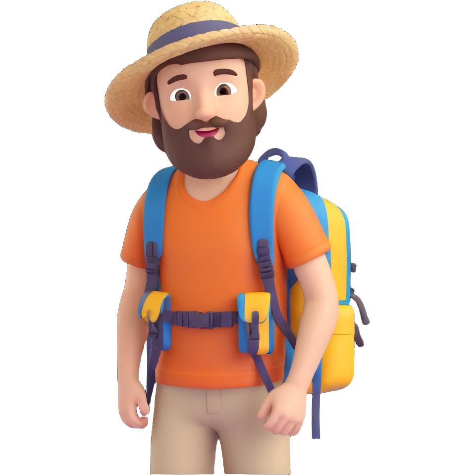 Make the adventurous bearded guy look younger while keeping the straw hat and backpack, in 3D emoji style, with no background. emoji