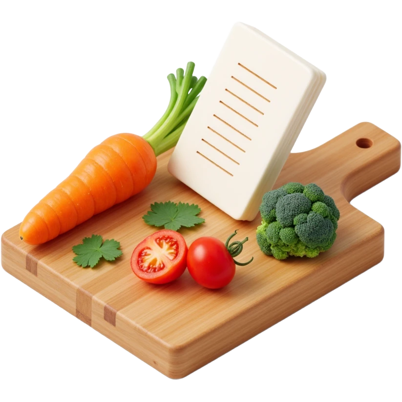 carrot tomato brocoli on the wooden cutting board with floating list  emoji