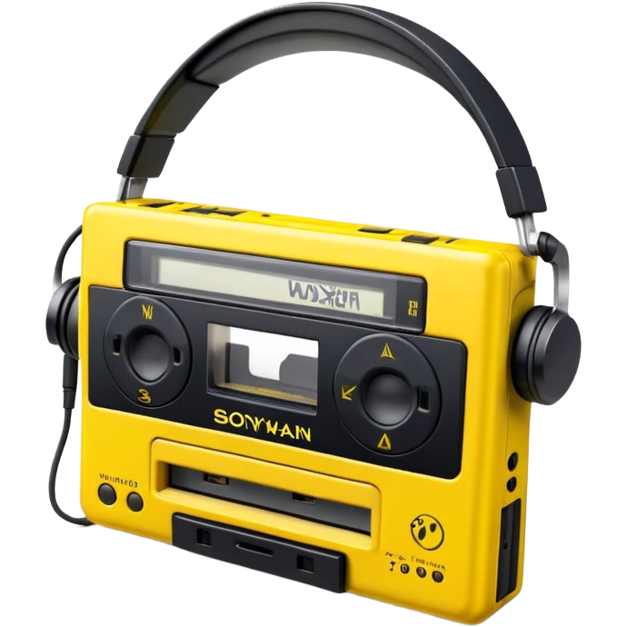 Sony Walkman cassette player from 1990s, yellow and black, with headphones emoji