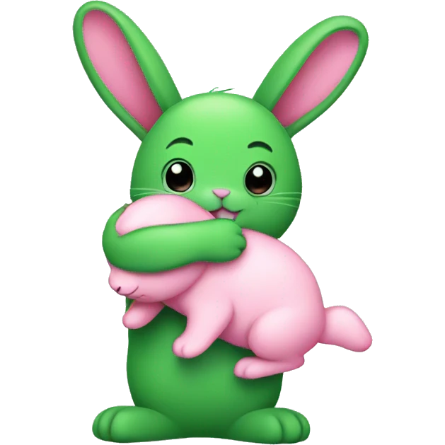 Green bunny hugging pink bunny emoji
