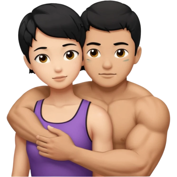 buff Asian Man black hair hugging girl with black pixie cut  emoji