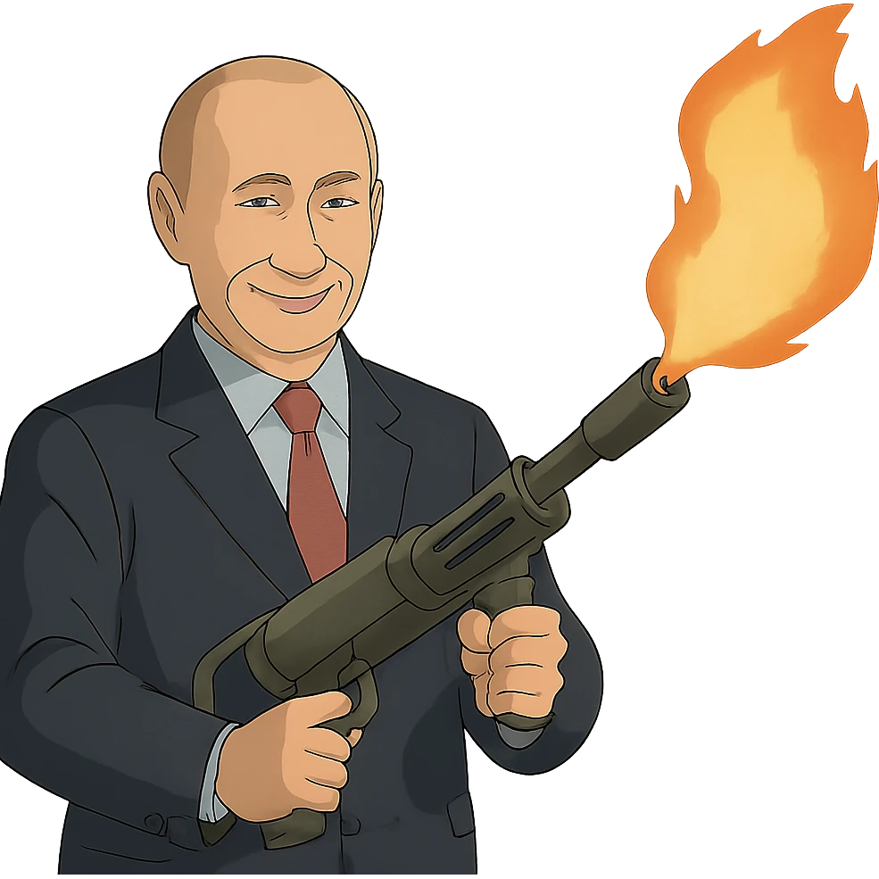 Vladimir Putin smiles and holds a flamethrower emoji