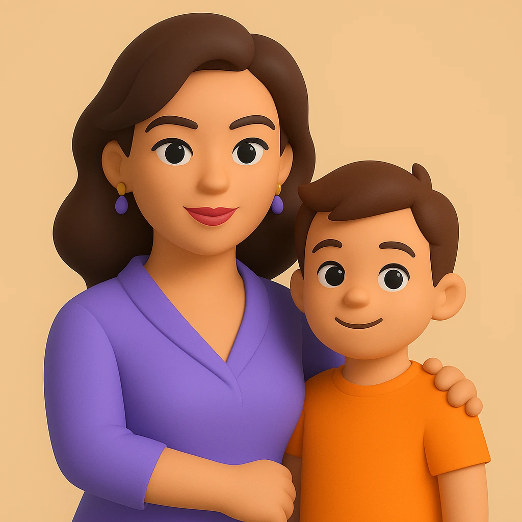 Create an image of a confident mom with a child by her side in the style of microsoft 3D fluent emojis. The style is 3D emoji, which does not support text editing, so use the general style editor to replicate the 3D emoji look. emoji