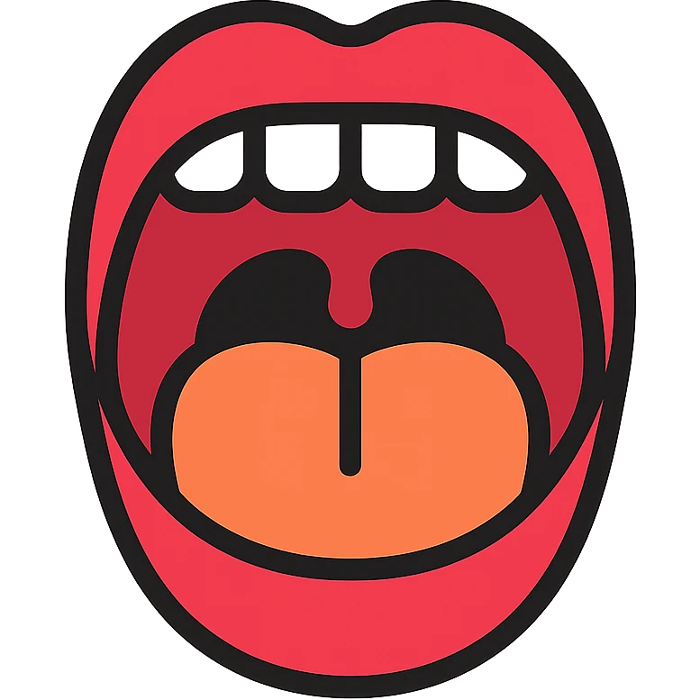 Schematic open mouth with visible tongue, symbolizing speech articulation and sound practice. Vector style, clean and sharp lines. Include realistic shadows and light reflections for depth. Minimalistic, educational design. Transparent background. High contrast between tongue, teeth, and lips for clarity. Flat illustration with soft shading, suitable for speech therapy materials emoji