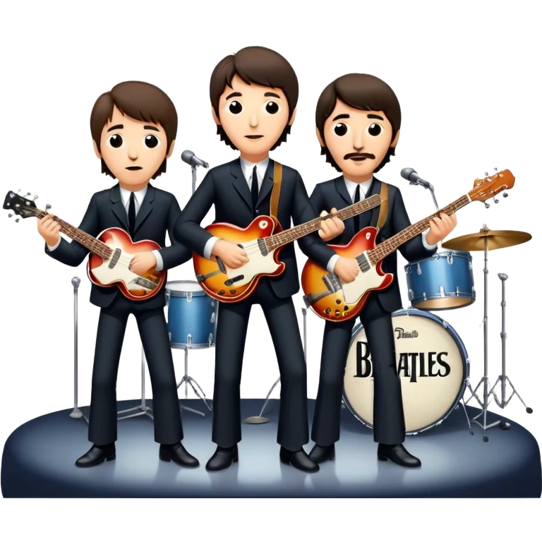 Rock music icon: The Beatles performing live on stage. John Lennon with guitar, Paul McCartney with bass, George Harrison with guitar, Ringo Starr on drums. Bright lights, energetic performance. Transparent background. emoji